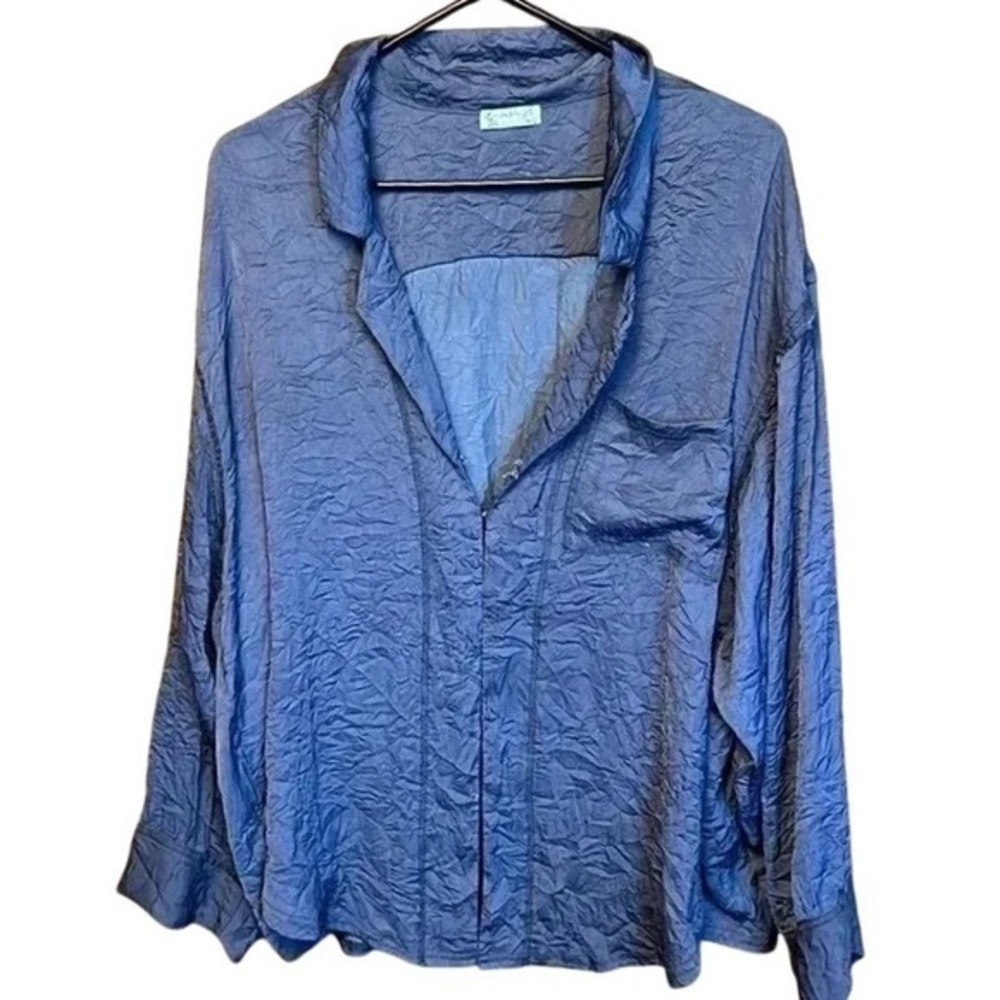Intimately Free People Blue Crinkled Oversized Hook&Clasp Shirt M‎ Dark Academia